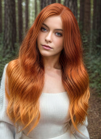 24" Long Wavy Two Tone Orange Lace Front Remy Natural Hair Wig HH096