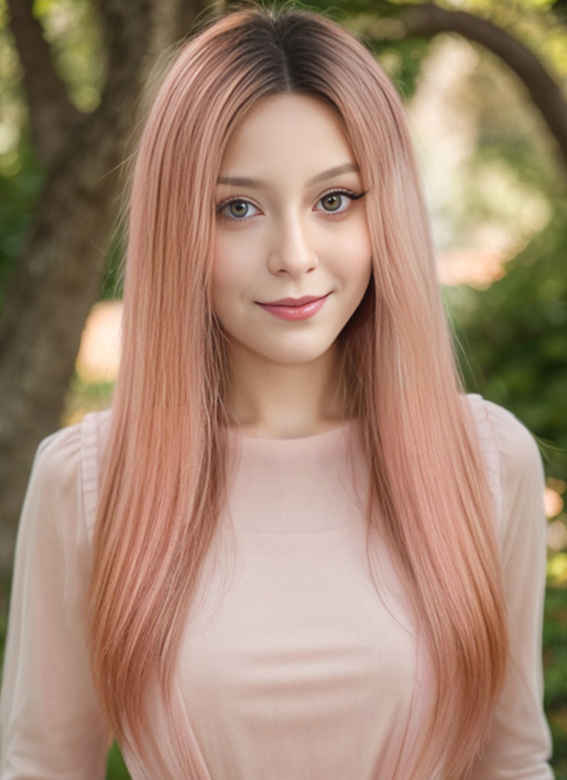 18" Long Straight Light Pink With Dark Roots Lace Front Remy Natural Hair Wig HH144