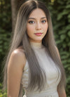 18" Long Straight Grey With Brown Roots Lace Front Remy Natural Hair Wig HH175