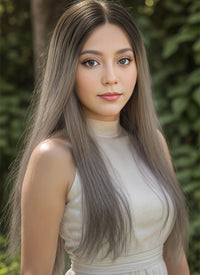 18" Long Straight Grey With Brown Roots Lace Front Remy Natural Hair Wig HH175