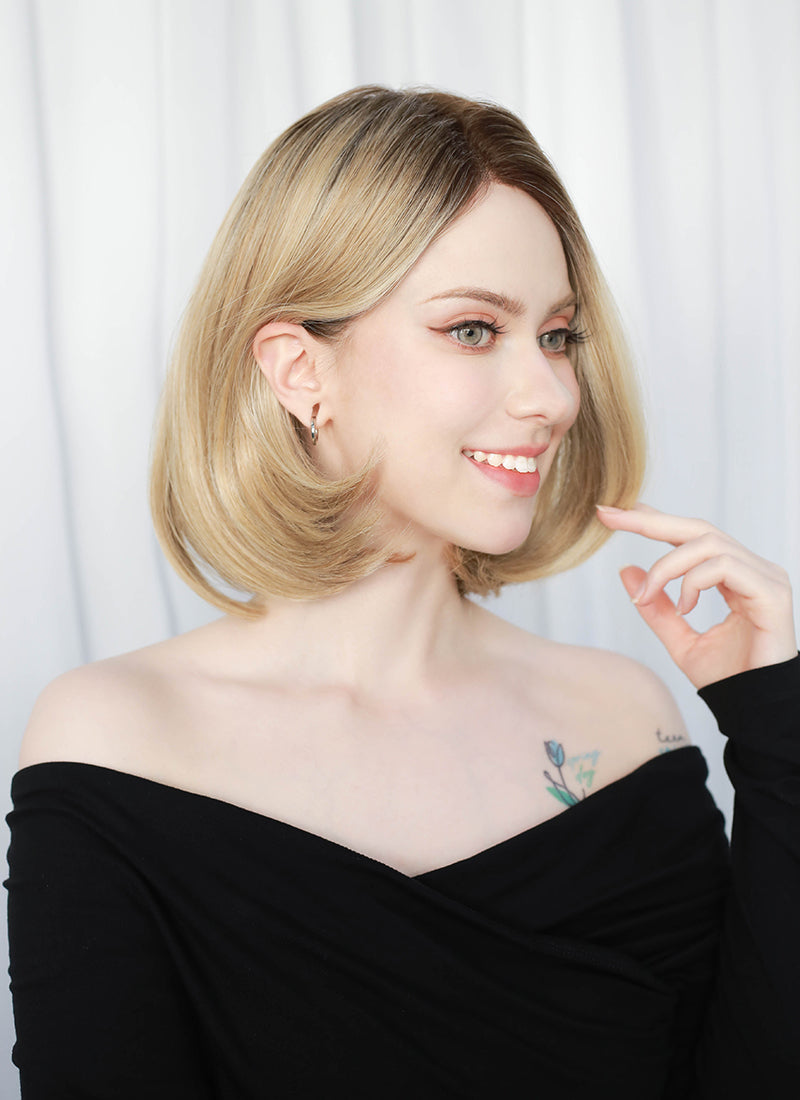 Mixed Blonde With Dark Roots Straight Mono Top Lace Synthetic Wig MN002