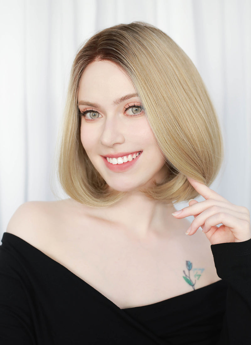Mixed Blonde With Dark Roots Straight Mono Top Lace Synthetic Wig MN002