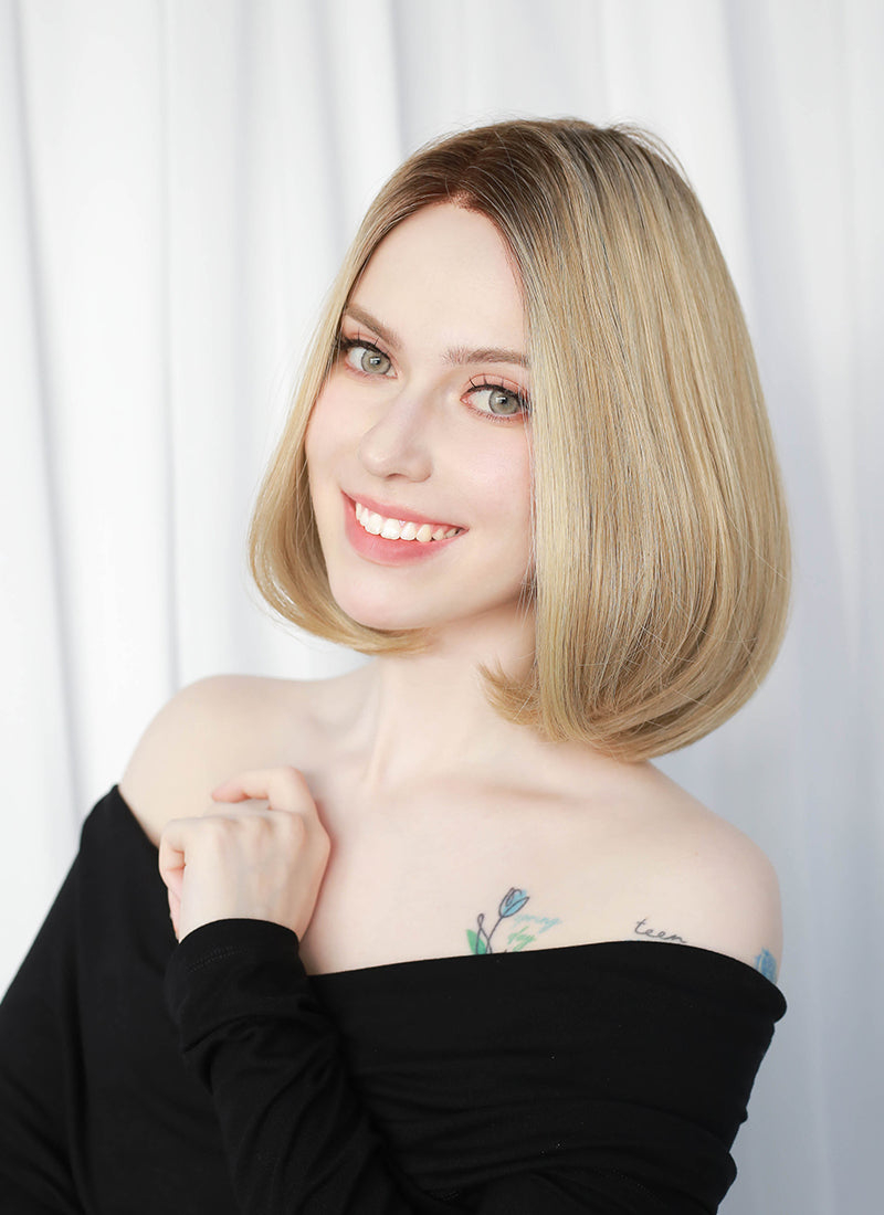 Mixed Blonde With Dark Roots Straight Mono Top Lace Synthetic Wig MN002