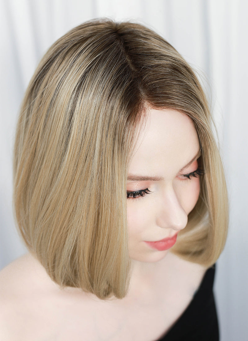 Mixed Blonde With Dark Roots Straight Mono Top Lace Synthetic Wig MN002