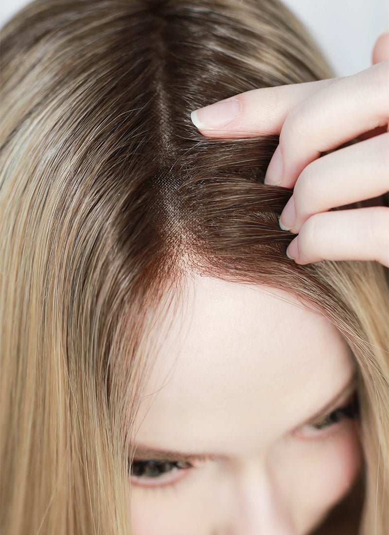 Mixed Blonde With Dark Roots Straight Mono Top Kanekalon
