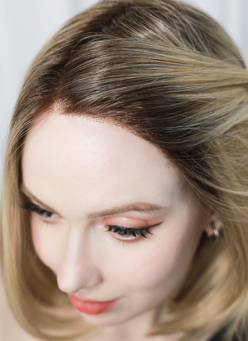 Mixed Blonde With Dark Roots Straight Mono Top Lace Synthetic Wig MN002