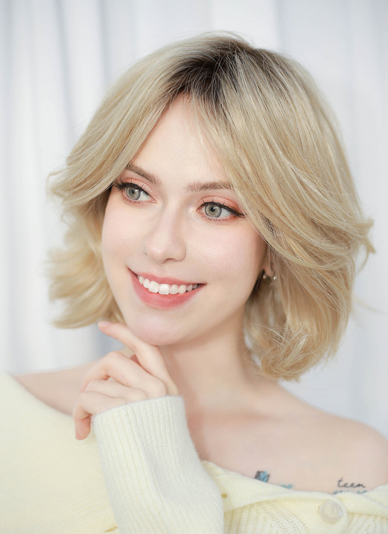 Blonde With Dark Roots Wavy Mono Top Lace Synthetic Wig MN003