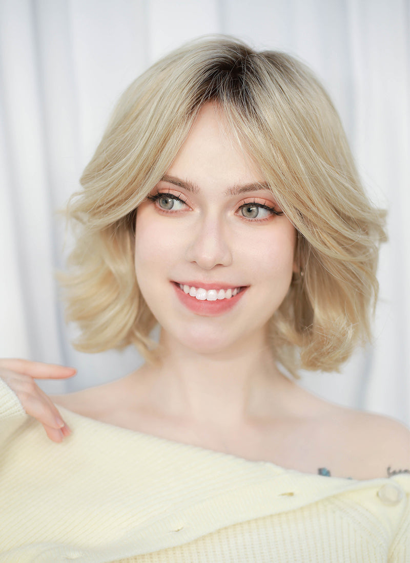 Blonde With Dark Roots Wavy Mono Top Lace Synthetic Wig MN003