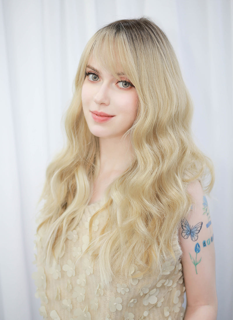 Blonde With Dark Roots Wavy Mono Top Lace Synthetic Wig MN007