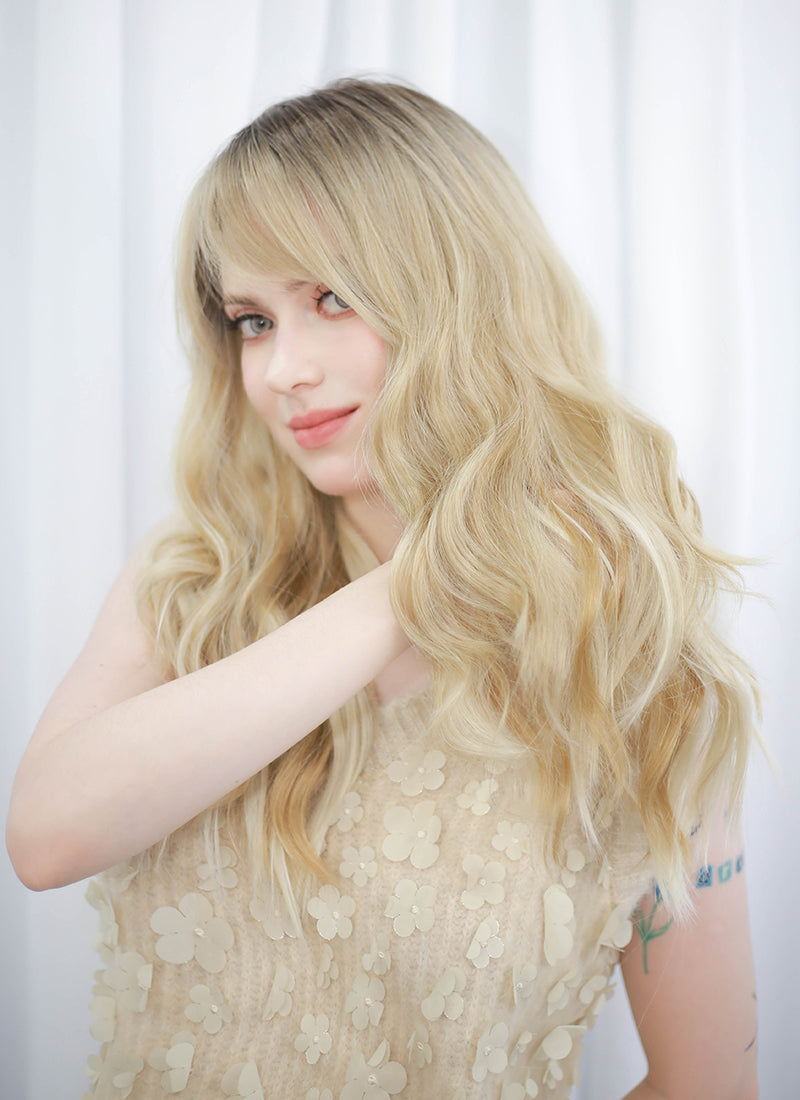 Blonde With Dark Roots Wavy Mono Top Lace Synthetic Wig MN007