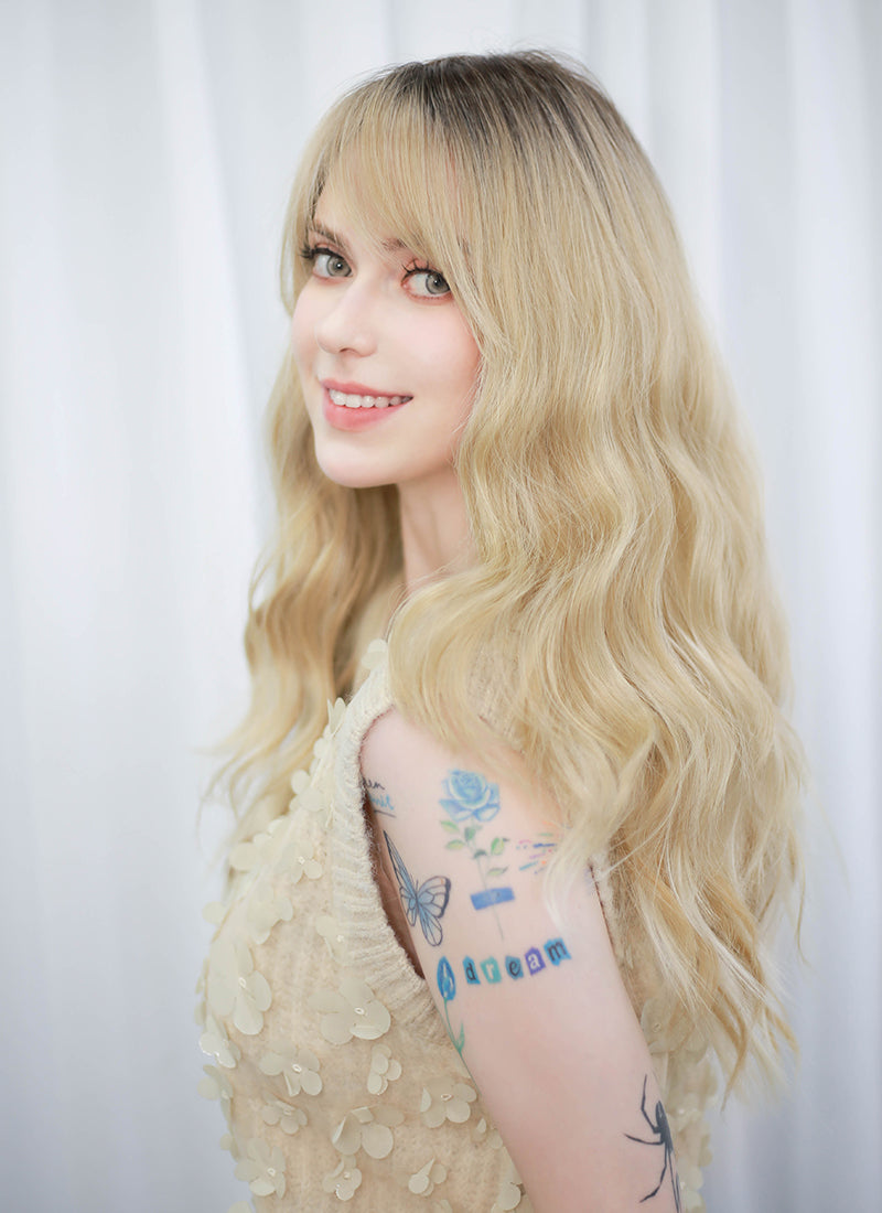 Blonde With Dark Roots Wavy Mono Top Lace Synthetic Wig MN007