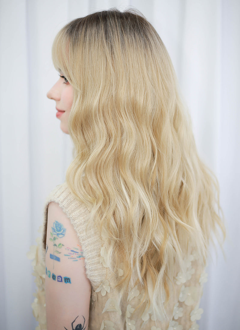 Blonde With Dark Roots Wavy Mono Top Lace Synthetic Wig MN007