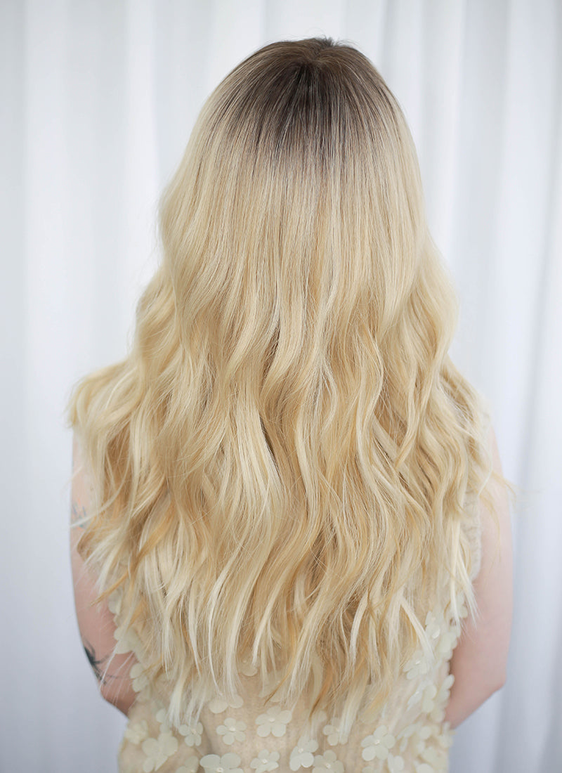 Blonde With Dark Roots Wavy Mono Top Lace Synthetic Wig MN007