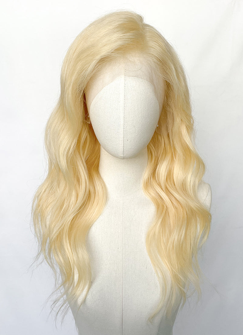 20" Long Curly Bleach Blonde Lace Front Remy Natural Hair Wig HH049