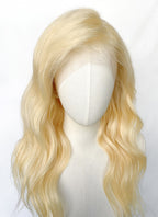 20" Long Curly Bleach Blonde Lace Front Remy Natural Hair Wig HH049