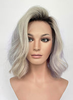 13" Medium Wavy Silver Gray & Lavender Blend with Brown Roots Lace Front Natural Hair Wig HHA001