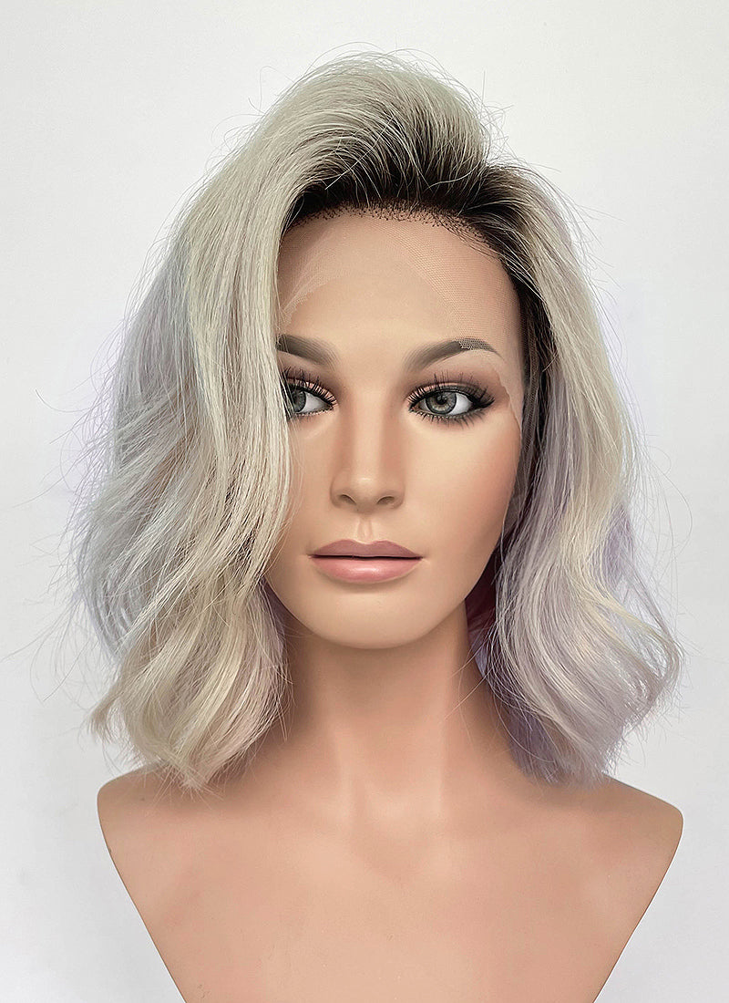 13" Medium Wavy Silver Gray & Lavender Blend with Brown Roots Lace Front Natural Hair Wig HHA001