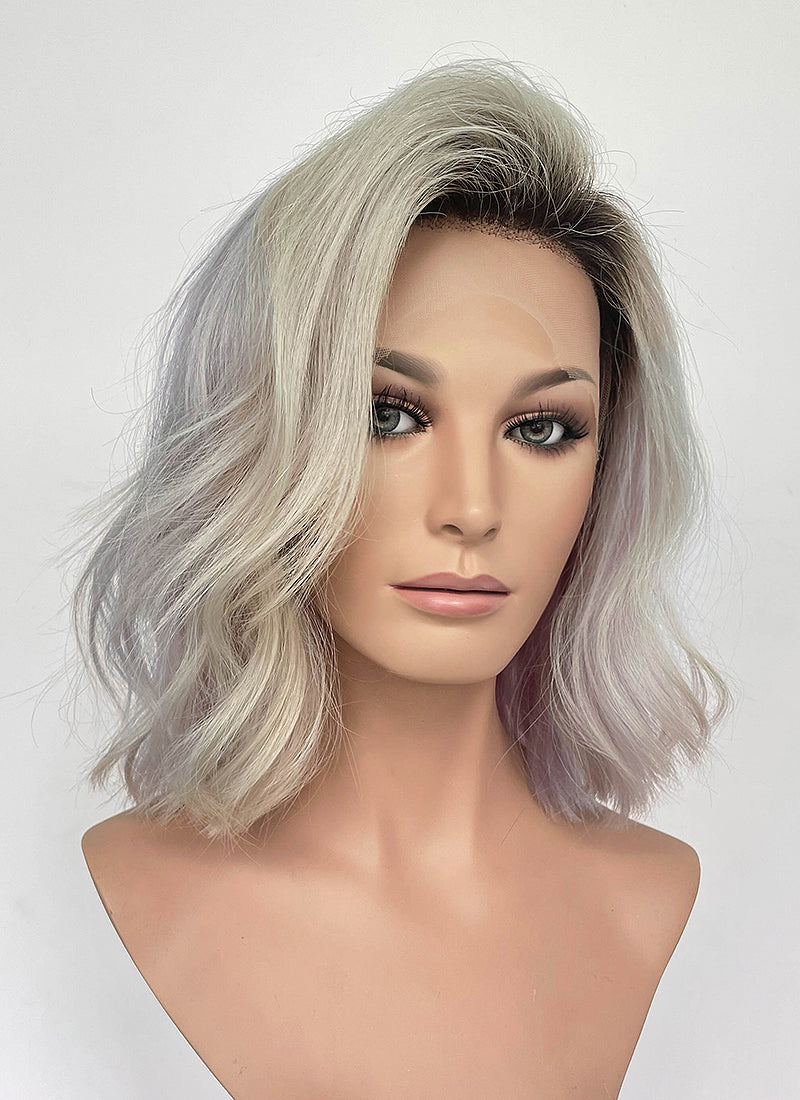 13" Medium Wavy Silver Gray & Lavender Blend with Brown Roots Lace Front Natural Hair Wig HHA001