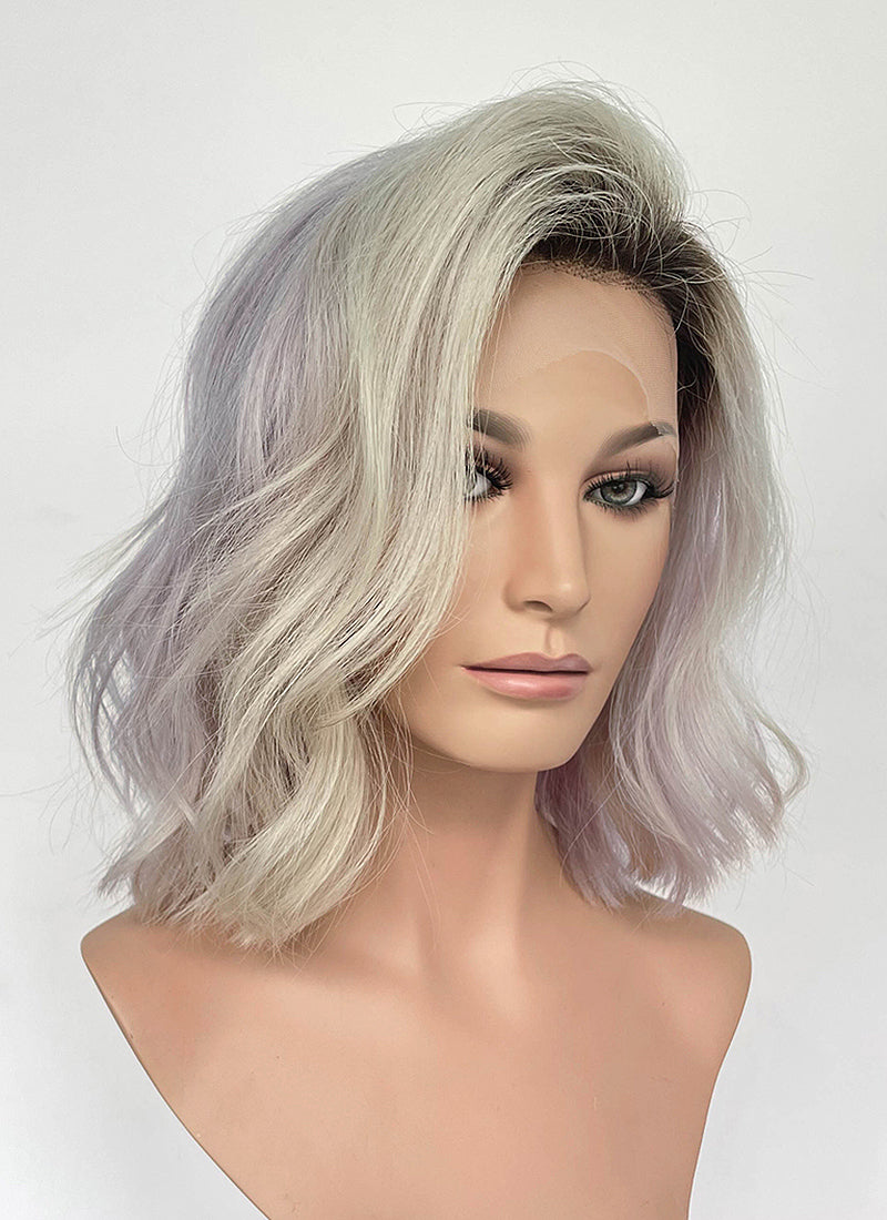13" Medium Wavy Silver Gray & Lavender Blend with Brown Roots Lace Front Natural Hair Wig HHA001
