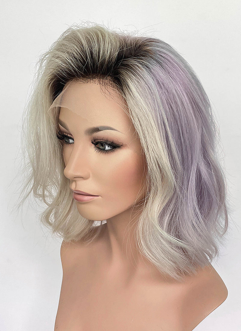 13" Medium Wavy Silver Gray & Lavender Blend with Brown Roots Lace Front Natural Hair Wig HHA001