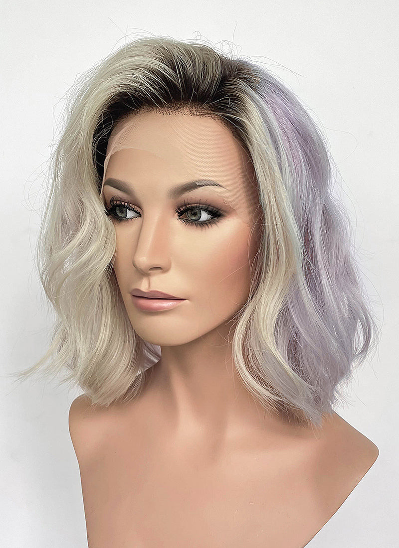 13" Medium Wavy Silver Gray & Lavender Blend with Brown Roots Lace Front Natural Hair Wig HHA001