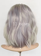 13" Medium Wavy Silver Gray & Lavender Blend with Brown Roots Lace Front Natural Hair Wig HHA001