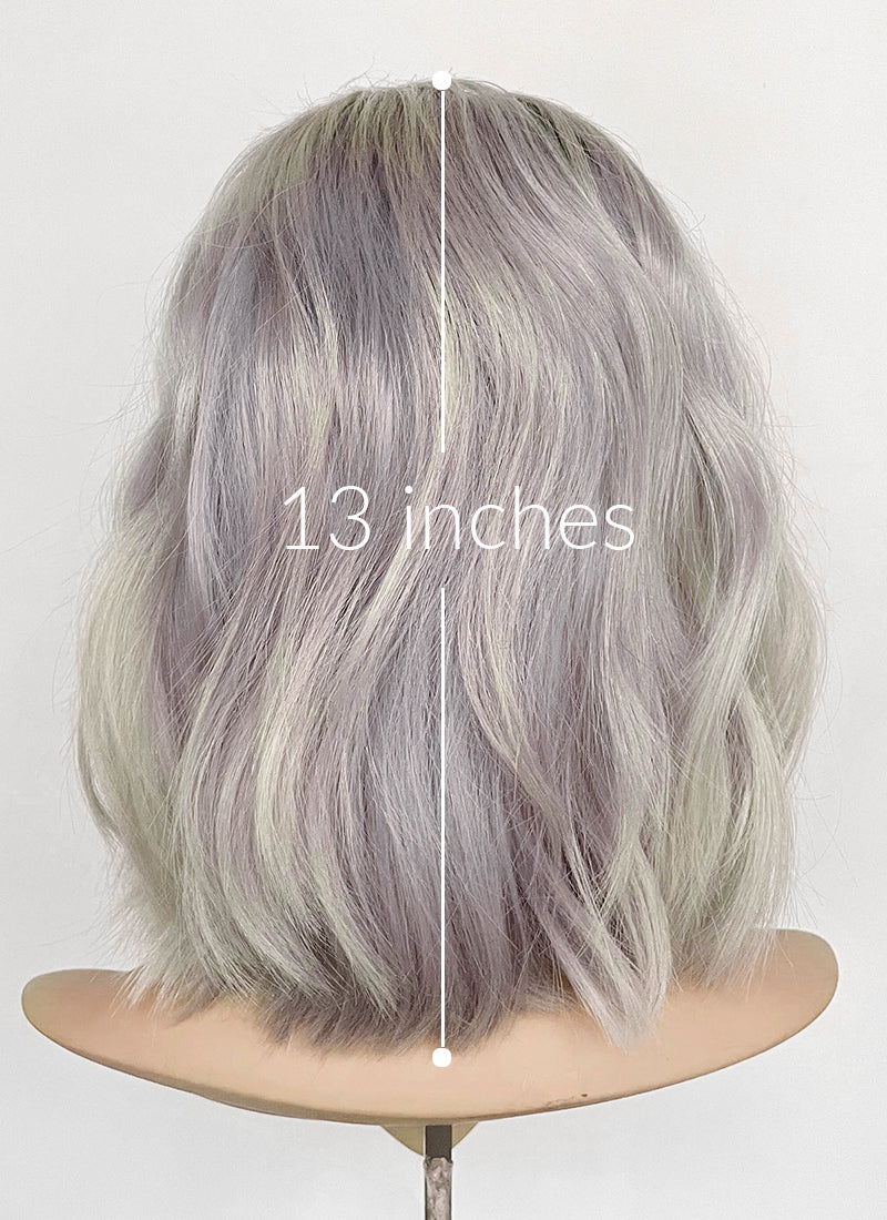 13" Medium Wavy Silver Gray & Lavender Blend with Brown Roots Lace Front Natural Hair Wig HHA001