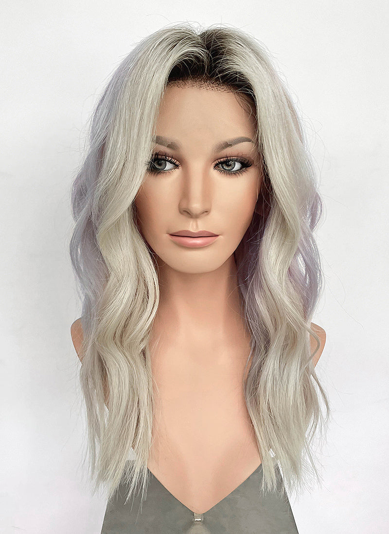 18" Long Wavy Silver Gray & Lavender Blend with Brown Roots Lace Front Natural Hair Wig HHA002