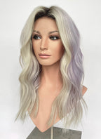 18" Long Wavy Silver Gray & Lavender Blend with Brown Roots Lace Front Natural Hair Wig HHA002