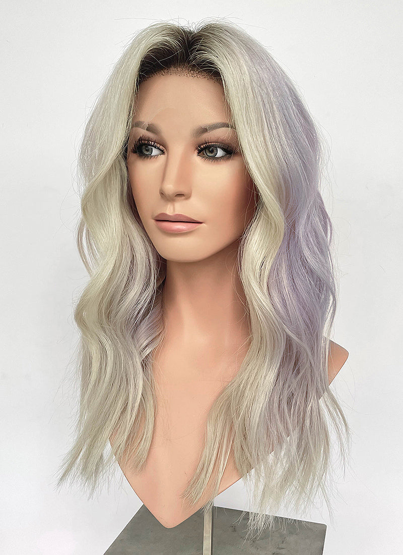 18" Long Wavy Silver Gray & Lavender Blend with Brown Roots Lace Front Natural Hair Wig HHA002