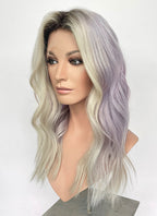 18" Long Wavy Silver Gray & Lavender Blend with Brown Roots Lace Front Natural Hair Wig HHA002