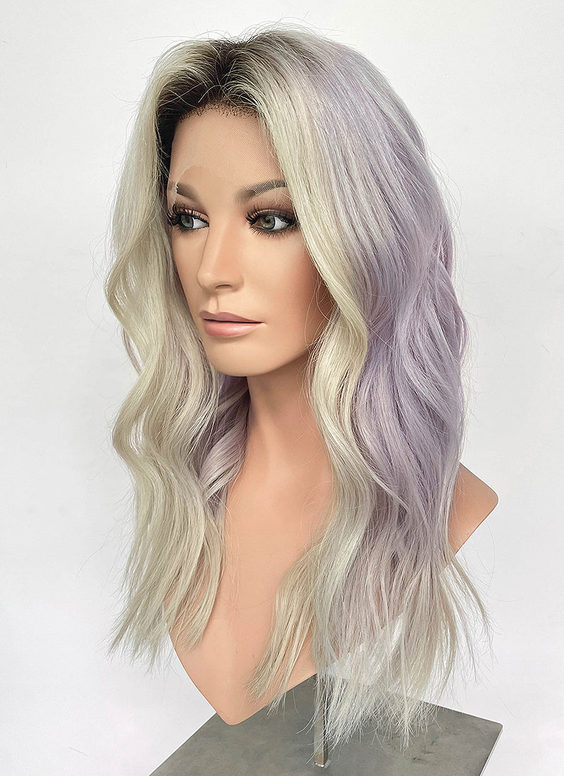 18" Long Wavy Silver Gray & Lavender Blend with Brown Roots Lace Front Natural Hair Wig HHA002