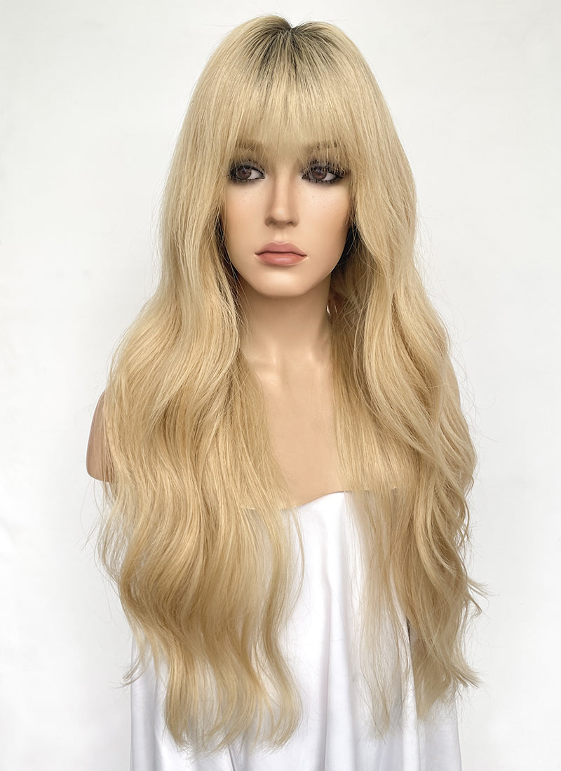 28" Long Wavy Blonde With Dark Roots Lace Front Natural Hair Wig HHA004