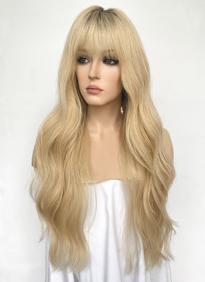 28" Long Wavy Blonde With Dark Roots Lace Front Natural Hair Wig HHA004