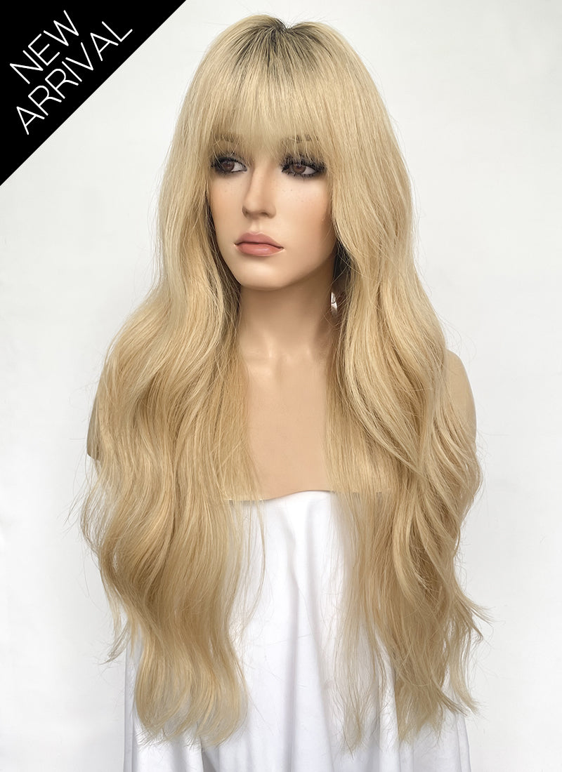 28" Long Wavy Blonde With Dark Roots Lace Front Natural Hair Wig HHA004