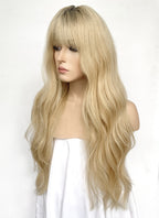 28" Long Wavy Blonde With Dark Roots Lace Front Natural Hair Wig HHA004