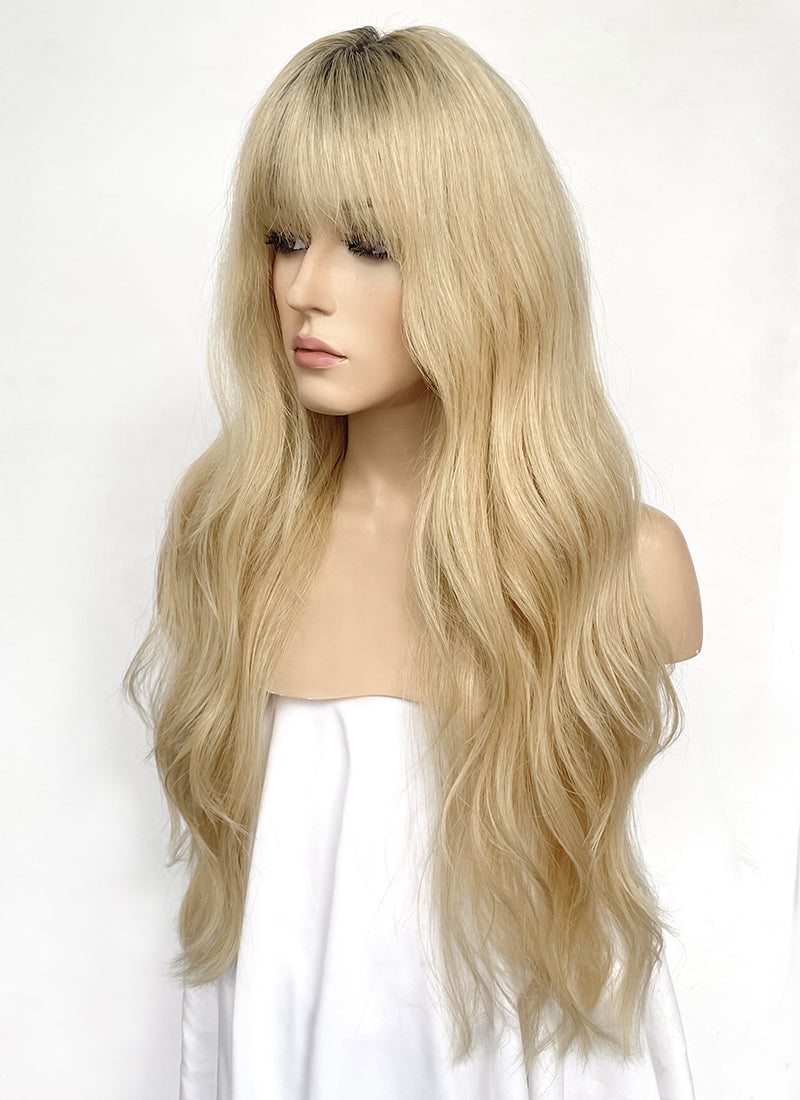 28" Long Wavy Blonde With Dark Roots Lace Front Natural Hair Wig HHA004