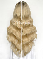 28" Long Wavy Blonde With Dark Roots Lace Front Natural Hair Wig HHA004