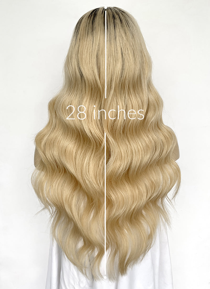 28" Long Wavy Blonde With Dark Roots Lace Front Natural Hair Wig HHA004