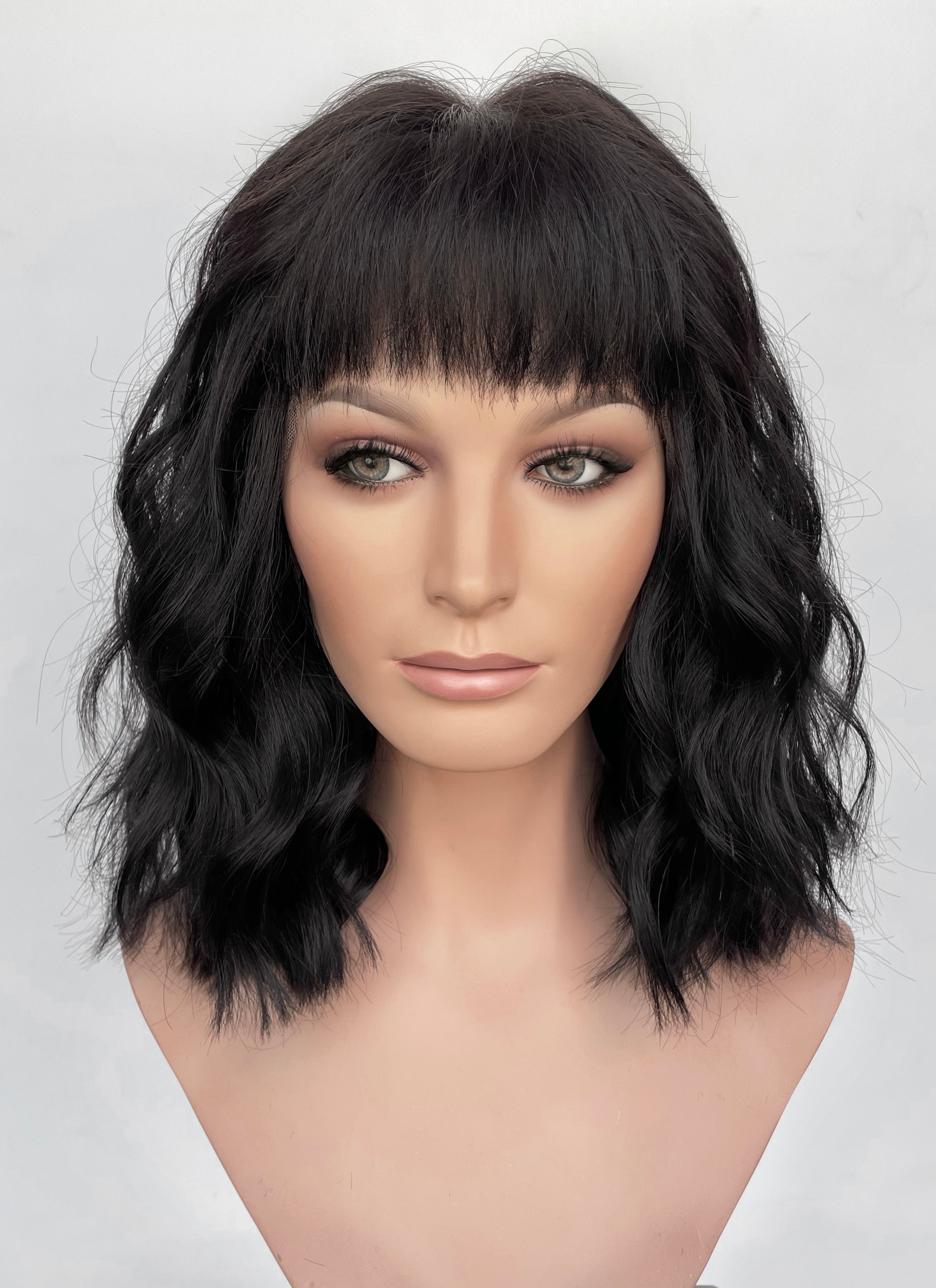 16" Medium Wavy Jet Black Lace Front Natural Hair Wig HHA005