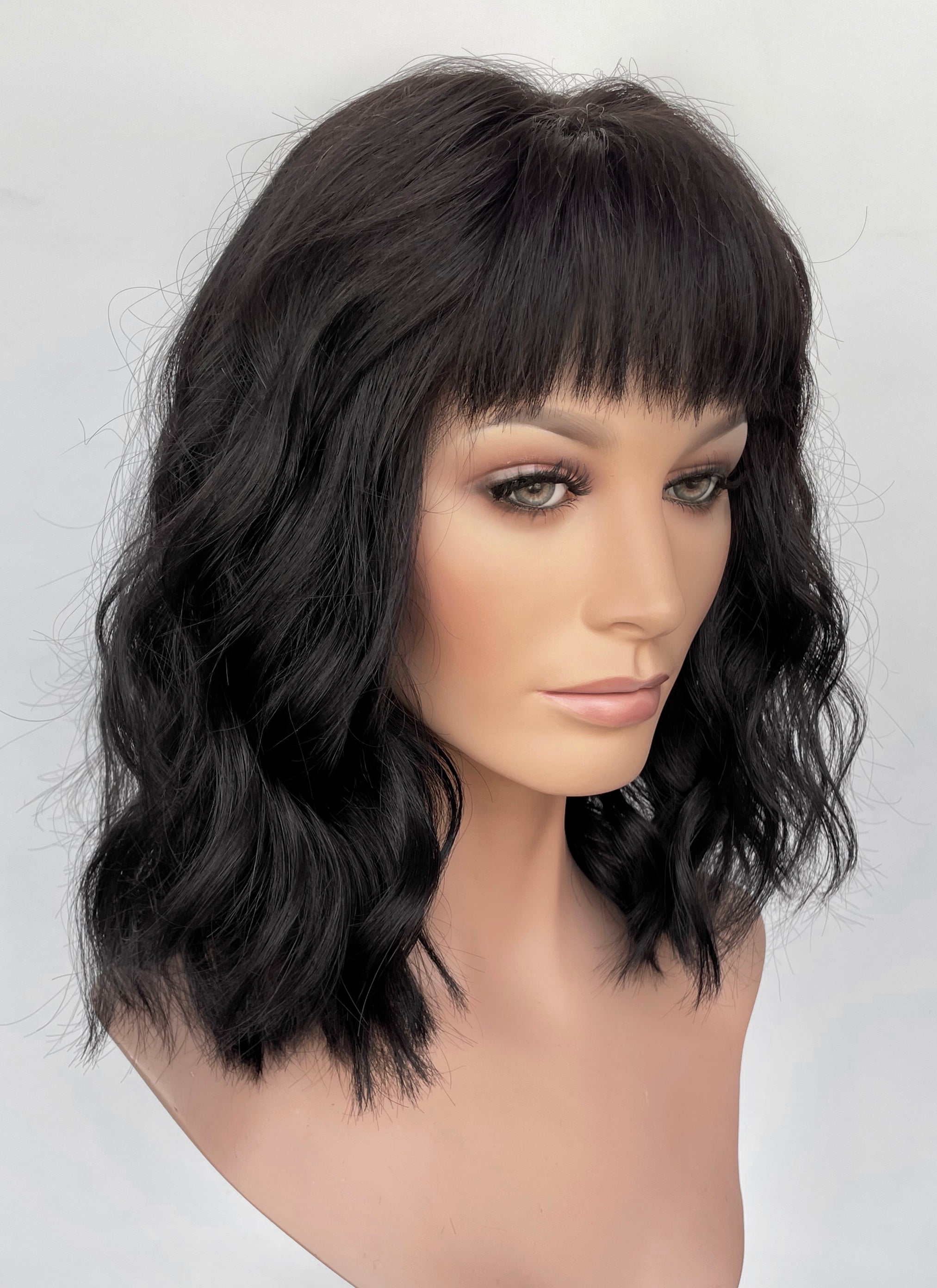 16" Medium Wavy Jet Black Lace Front Natural Hair Wig HHA005