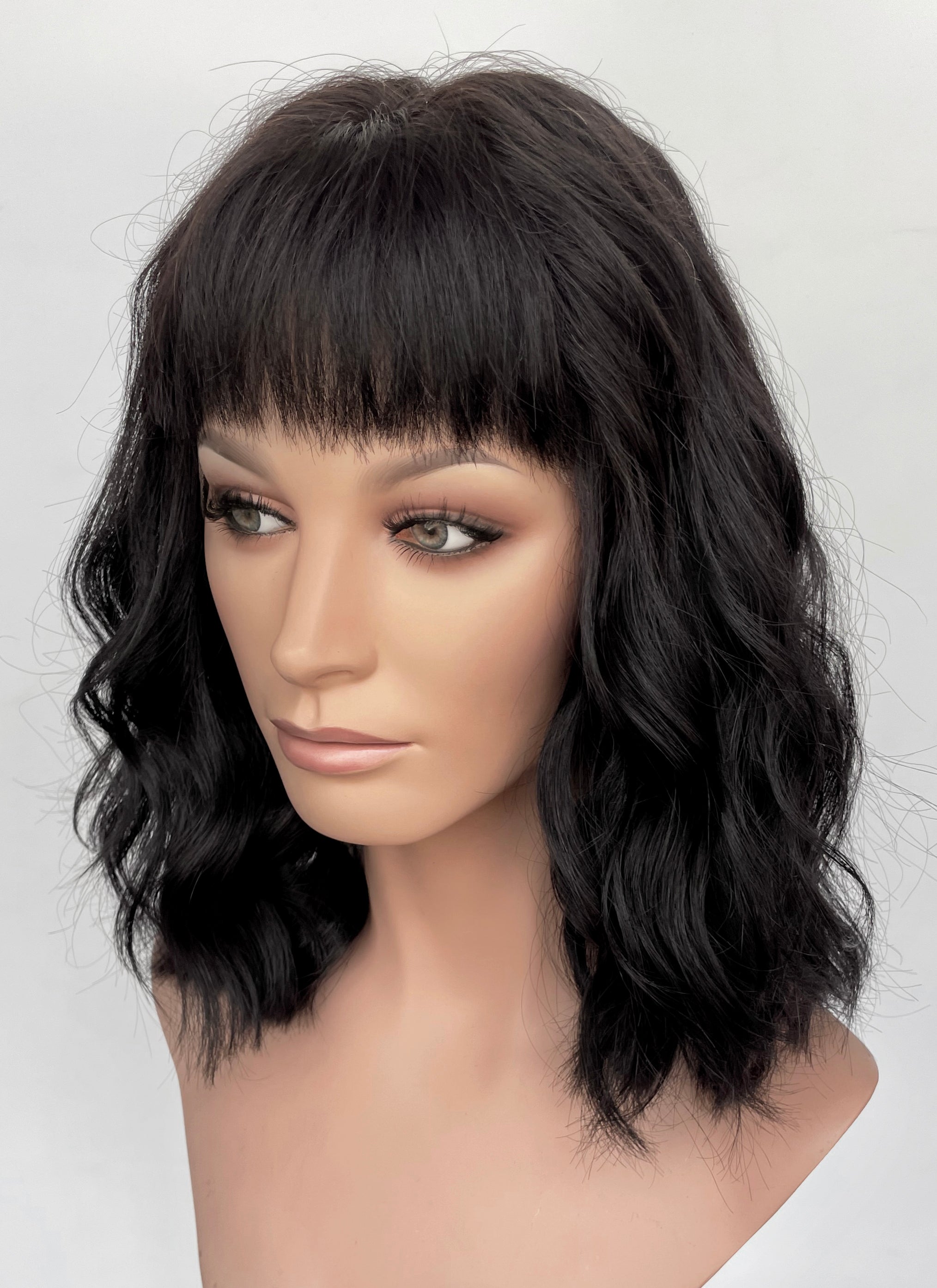 16" Medium Wavy Jet Black Lace Front Natural Hair Wig HHA005