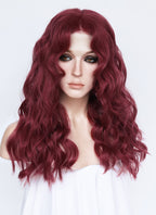 21" Long Wavy Wine Red Lace Front Natural Hair Wig HHA012
