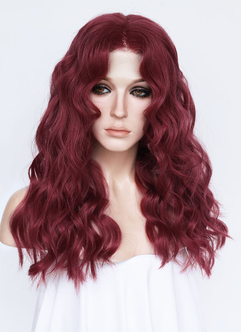 21" Long Wavy Wine Red Lace Front Natural Hair Wig HHA012