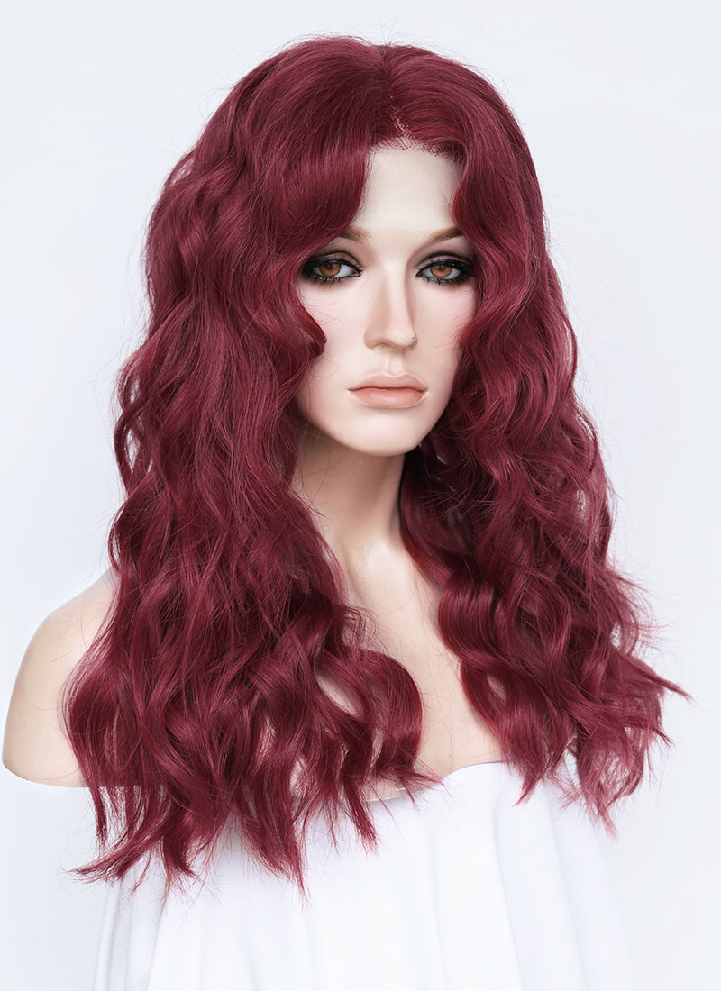 21" Long Wavy Wine Red Lace Front Natural Hair Wig HHA012