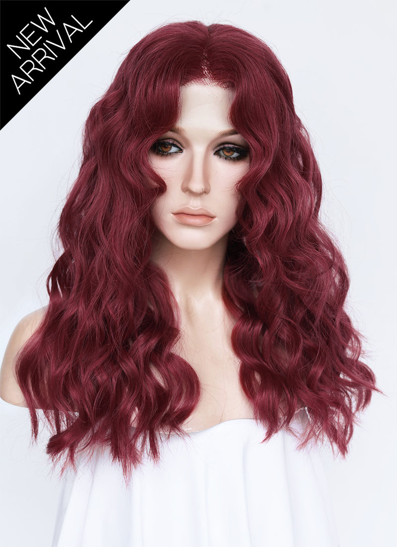 21" Long Wavy Wine Red Lace Front Natural Hair Wig HHA012