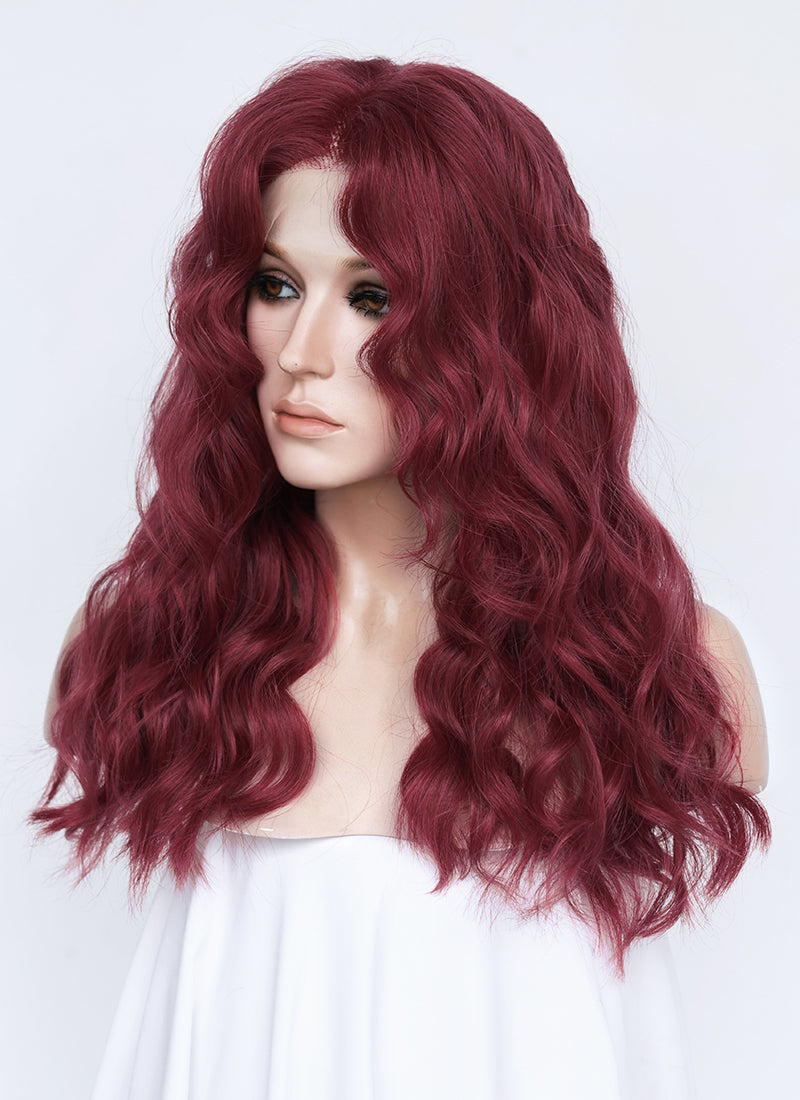 21" Long Wavy Wine Red Lace Front Natural Hair Wig HHA012