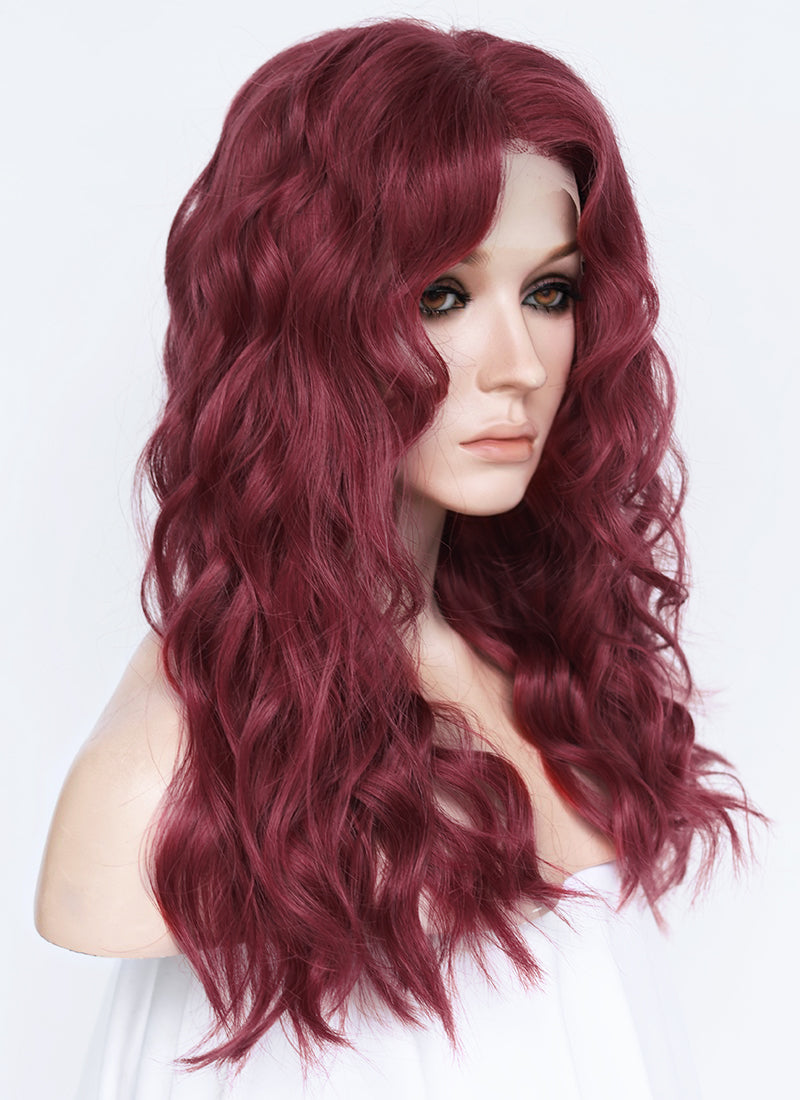 21" Long Wavy Wine Red Lace Front Natural Hair Wig HHA012