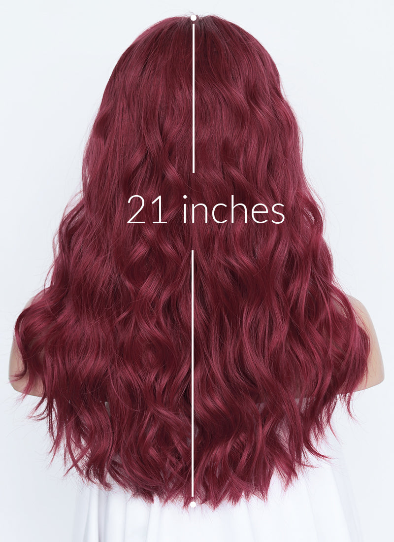 21" Long Wavy Wine Red Lace Front Natural Hair Wig HHA012