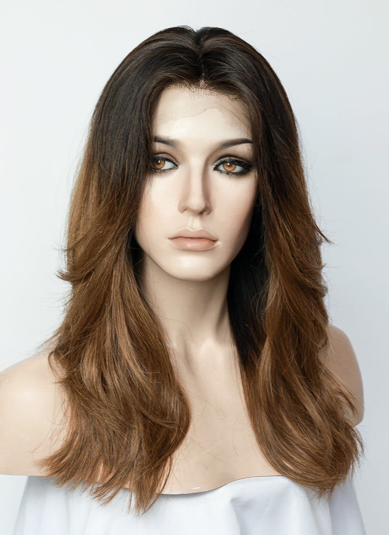 22" Long Wavy Brown With Dark Roots Lace Front Natural Hair Wig HHA015